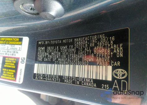 2016 Toyota Corolla L/Le/Le Plus/Le Premium/S/S Plus/S Premium/S W/Special Edition Pkg z USA, uszkodzony, nr VIN 2T1BURHE0GT690902